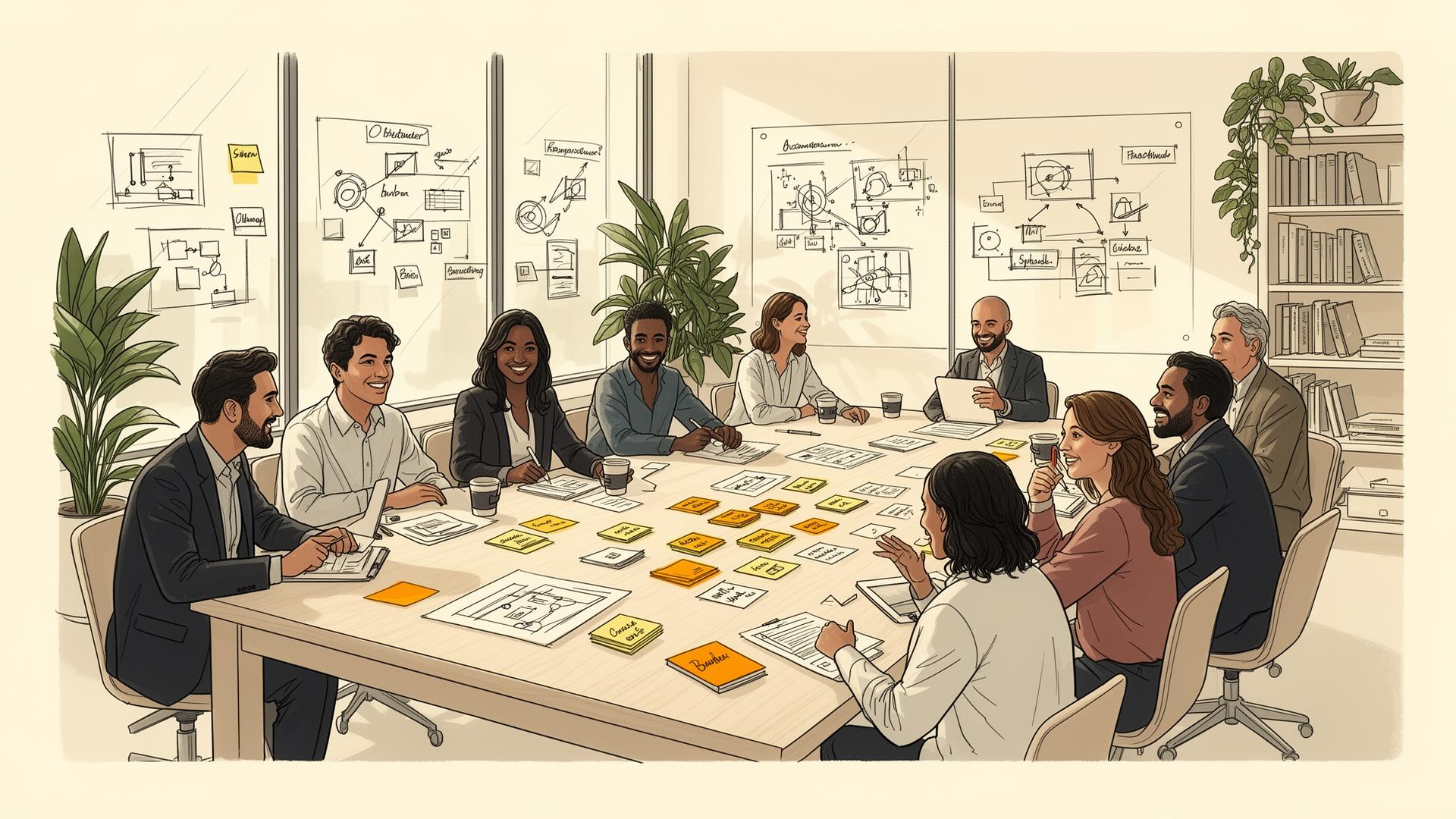 Founders, designers, and strategists collaborating around a workshop table